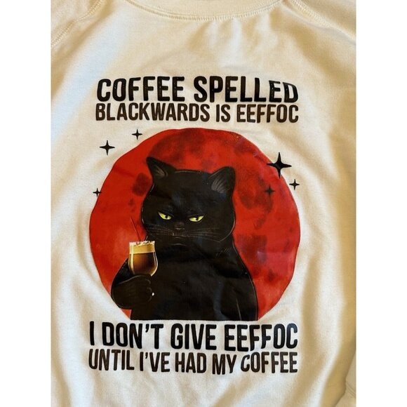 Cat Lovers Swearshirt Coffee Spelled Backwards Is Eeffoc Cats Drink Coffee - Picture 2 of 7